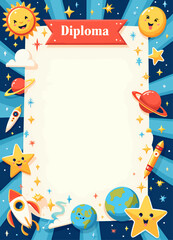 Fototapeta premium Cartoon Space Diploma Template with Smiling Planets and Stars