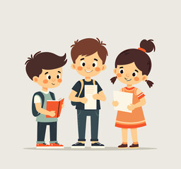 Cartoon Students: Two Boys, One Girl Holding Papers and Book