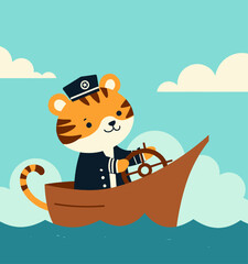 Naklejka premium Cartoon tiger captain sailing boat on blue sea day