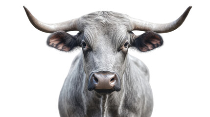 Naklejka premium Majestic Bull: A close-up portrait of a powerful bull with impressive horns, its gaze intense, representing strength and resilience.
