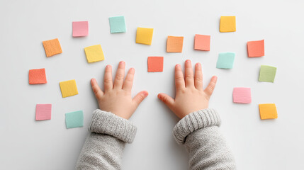 Soft hands reaching for colorful squares