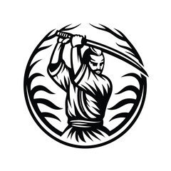 Samurai Warrior with Katana Sword in Striking Pose Monochrome, Martial Arts Theme