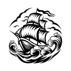 Monochrome Ship Silhouette Sailing Through Circular Wave with Birds Flying