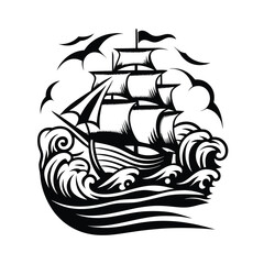 Silhouette of Sailing Ship on Wavy Sea, Birds, Black and White Nautical