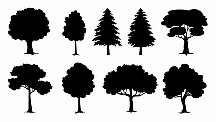 set of different tree silhouette vector on white background