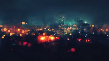 Night cityscape with blurred lights and fog.
