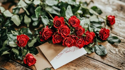 Romantic Red Roses and Love Note on Rustic Wood