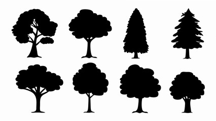 set of different tree silhouette vector on white background