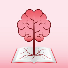 Surreal illustration of a brain-shaped tree growing from an open book, symbolizing learning, creativity, and mental growth. Ideal for education, creativity, or mental health themes.