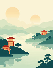 Naklejka premium Japanese Pagodas by Lake, Mountain Landscape