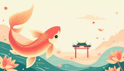 Koi Fish with Lotus Flowers and Chinese Gate Illustration