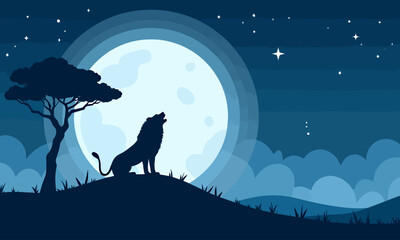 Fototapeta premium Lion Howling at the Moon Silhouette, Night Scene