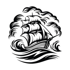 Black and White Silhouette of Ship Sailing through Stormy Seas with Strong Wind