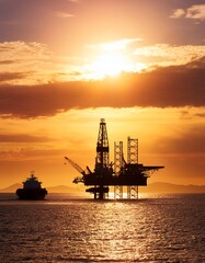 Obraz premium Silhouette of oil rig at sunset with ship nearby.