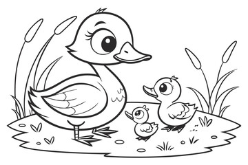 Cute yellow cartoon duck and ducklings vector illustration