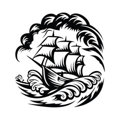 Black Sailing Ship Silhouette Amidst Turbulent Wave Crests on White Background