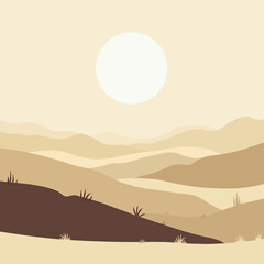 Monochromatic desert landscape with sun and sparse vegetation
