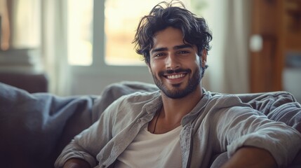 Portrait of happy mid adult man sitting on sofa at home. Handsome latin man in casual relaxing on couch and smiling. Cheerful indian guy looking at camera.