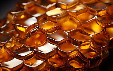 Close-up view of honeycomb showcasing intricate hexagonal patterns and golden hues in natural light