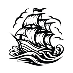 Monochrome Sailing Ship Silhouette Navigating Ocean Waves with Flag and Birds Flying