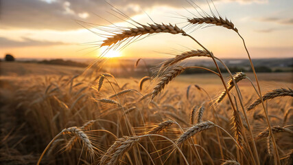 Golden Wheat Field at Sunset: A Peaceful Harvest Scene