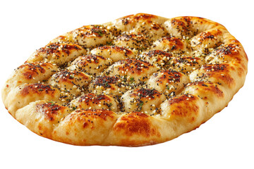 Golden brown pide bread topped with sesame seeds and poppy seeds a on transparent background
