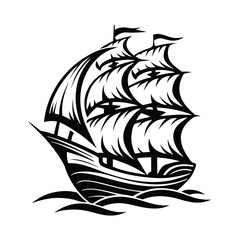 Silhouette of a Tall Ship Sailing on the Water | Monochrome Old Vessel