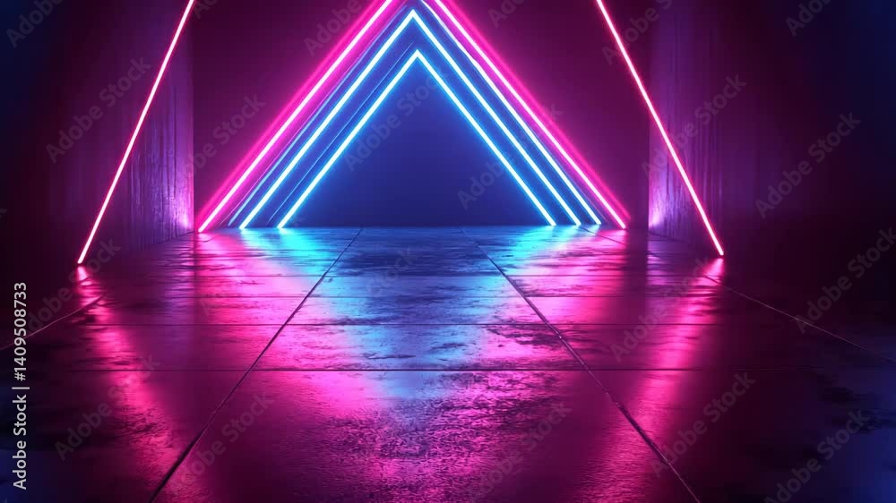 Poster neon triangles illuminate a futuristic space.