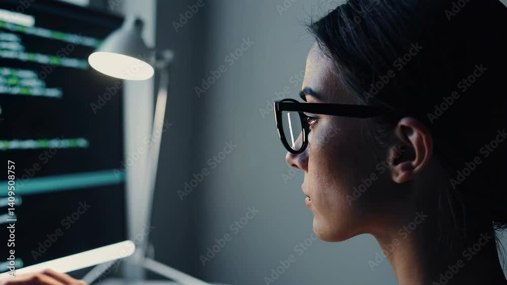 Poster Female software engineer wearing glasses intently concentrating on computer screen, working late in dimly lit office while developing complex programming solution for innovative technology project
