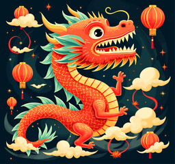 Red Chinese Dragon with Lanterns and Clouds