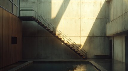 Staircase shadow descends, pool below, concrete interior, architectural design visual