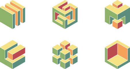 Cube logo, geometric vector design. Set box logotype company, trendy techno emblem in isometric 3D style.
