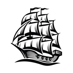 Stylized Silhouette of Tall Ship Sailing with Full Sails Isolated on White Backdrop