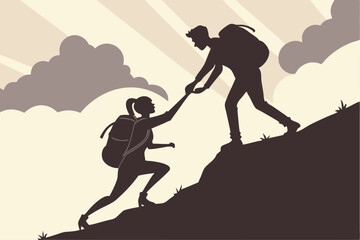 Hiking and Teamwork Silhouette Illustrations &ndash; Mountain Climbing, Adventure Trekking & Outdoor