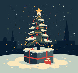 Obraz premium Snowy Christmas Tree with Gifts in Cityscape Silhouette