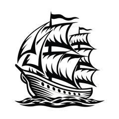 Black and White Silhouette of Sailing Ship with Sails and Flags on a White Background