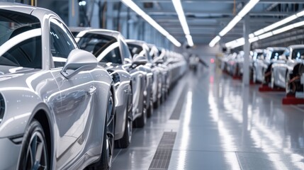 Finished cars being inspected for quality control in an automotive plant.