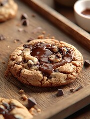 Fototapeta premium Freshly baked chocolate chip cookie on a wooden tray. the cookie is golden brown and has a crumbly texture. it is drizzled with a thick layer of melted chocolate sauce.