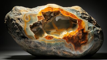 Stunning agate geode with orange and gray layers polished stone specimen art rock rare dark earth