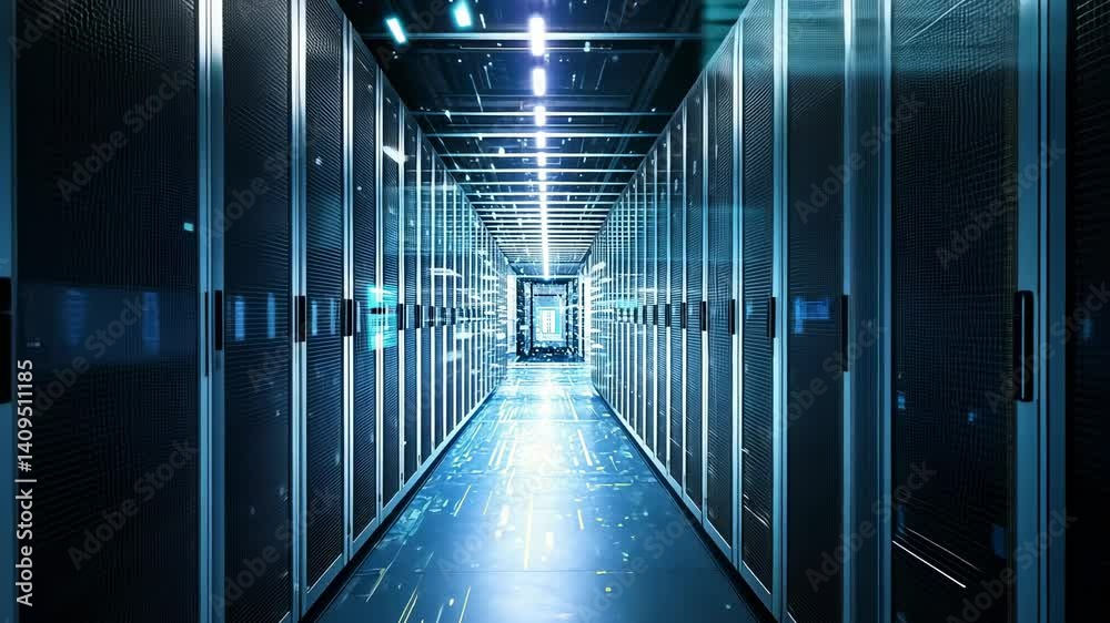 Poster Futuristic server room hallway filled with data streams.