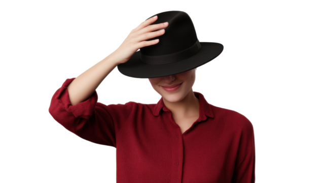 Mysterious Charm: A woman in a maroon shirt, her face partially obscured by a stylish black fedora, creates an air of enigmatic intrigue.
