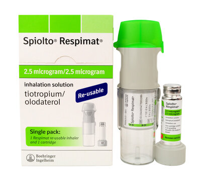 Spiolto Respimat reusable inhaler with 2.5 microgram inhalation solution containing tiotropium olodaterol