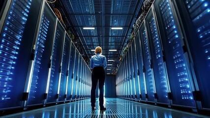 Person in vast server room filled with racks. - Powered by Adobe