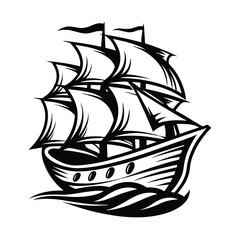 Silhouette Ship, Vintage Vessel with Sails, Marine Symbol, Detailed Black and White