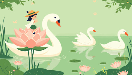 Whimsical Swan Ride with Girl on Lotus Flower in Pond