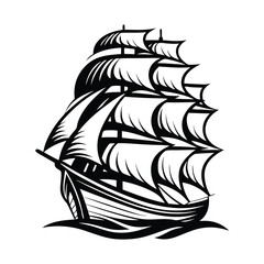 Striking Silhouette of a Tall Ship Sailing on Water, Black and White High Contrast