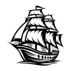 Black and White Silhouette of Tall Ship, Detailed Sails, Maritime Vessel
