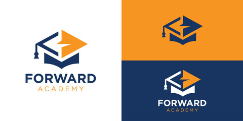 Creative forward academy logo template. Arrow and graduation hat logo design vector illustration.