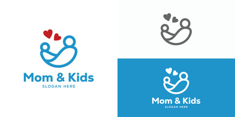 Simple mom & kids logo template. Mom and baby logo design vector illustration.