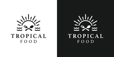Creative tropical food logo template. Sun with food symbol logo design vector illustration.